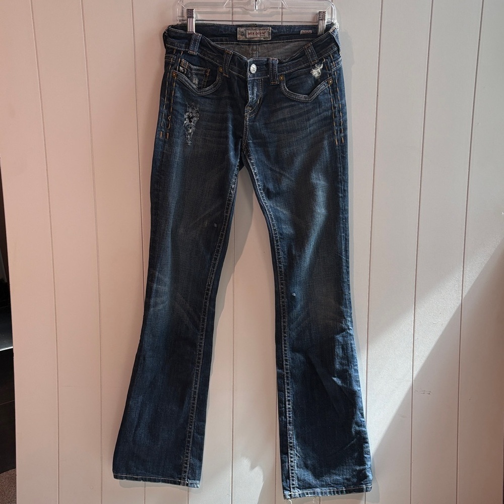 MEK Denim slightly distressed flare bottom jeans detailed stitching 29/34